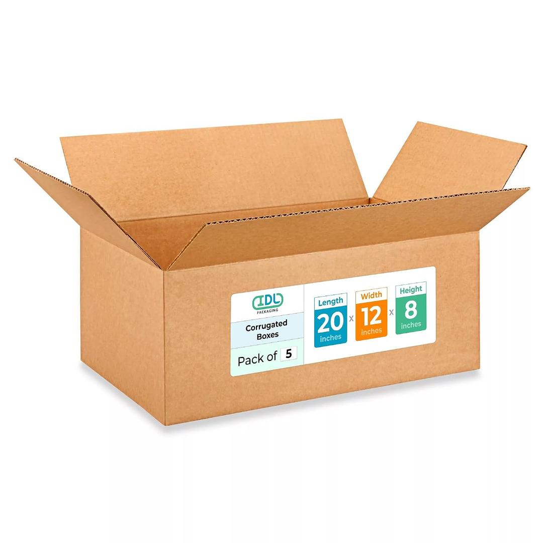 Large Shipping & Moving Boxes 20 x 12 x 8 inches (5-Pack) - Extra Strength 200 lb vs Regular - USA-Made Corrugated Cardboard Boxes for USPS/UPS/FEDEX - Strong Large Box by IDL Packaging -