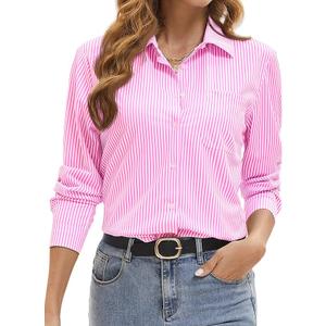 Wrinkle Free Striped Button Down Shirts Women Collared Long Sleeve Blouses Business Work Tops with Pocket
, Medium 