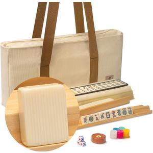 Yellow Mountain Imports American Mahjong Set, "Ivory Stripes - 166 Tiles with Beige Soft Case, Wooden Racks with Pushers, Scoring Coins, Dice, & Wind Indicator, Medium