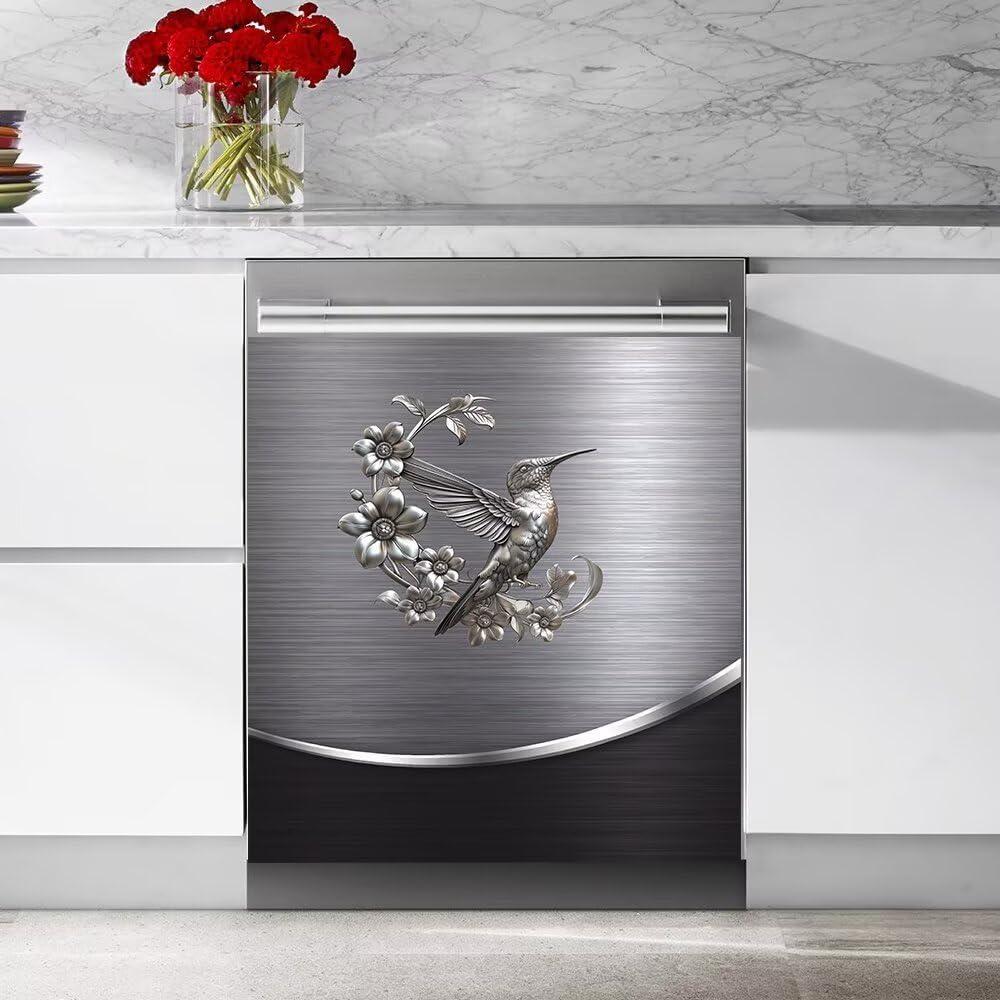 Stainless Steel Style Design Bird Flower Pattern Dishwasher Magnet Cover Magnetic Sticker Refrigerator Door Panel Cover Fridge Appliance Magnet Decal Sheet Kitchen Decor 23W x 26H inchs
