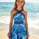 ADUKIDE 9-18T Girls Two Piece Tankini Swimsuits Teens Criss Cross Straps Bathing Suit Flowy Swimdress with Bottom (Blue)