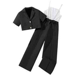 Hilinker Girl's 2 Piece Outfits Short Sleeve Blazer and Belted Sleeveless Jumpsuit Sets, 13-14 Y