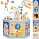 Large Wooden Space Activity Cube Toys, 9-in-1 Early Educational Montessori Learning Toys for 2 3 4 Toddlers with Abacus Bead Maze for 24+ Months Boys Girls First Birthday