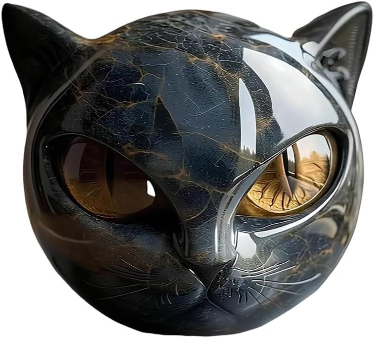 Black Cat Stone Sculpture Figurine Handcrafted Look Resin Statue with Amber Eyes, Elegant Shelf Decor for Home or Office (Yellow)