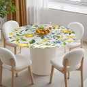 Summer Lemon Round Fitted Tablecloth Farm Fruit Blue Flower Green Leaf Botanical Elastic Table Cloth Waterproof Oil Proof Table Cover Fits 45"-54" Round Tables for Party Picnic Dinner Decor