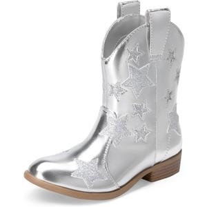DREAM PAIRS Girls Cowgirl Boots Cowboy Western Mid Calf Star Boots for Kids (9 Toddler, Silver)