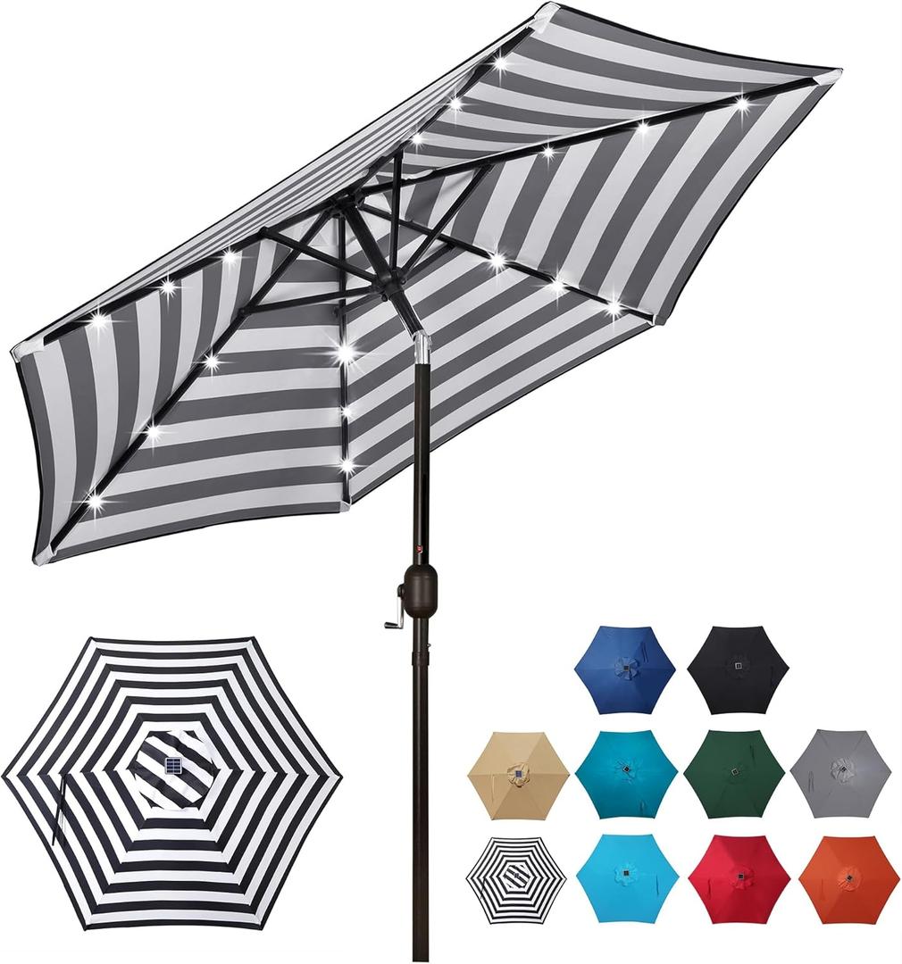 Blissun 7.5 ft Solar Umbrella, 18 LED Lighted Patio Umbrella, Table Market Umbrella (Black & White)