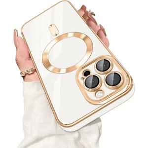 Dinick Designed for iPhone 13 Pro Case with Magnetic [Built-in Camera Cover] Compatible with MagSafe Soft TPU Glitter Cover Anti-Scratch Protective Slim for iPhone 13 Pro Case White and Gold