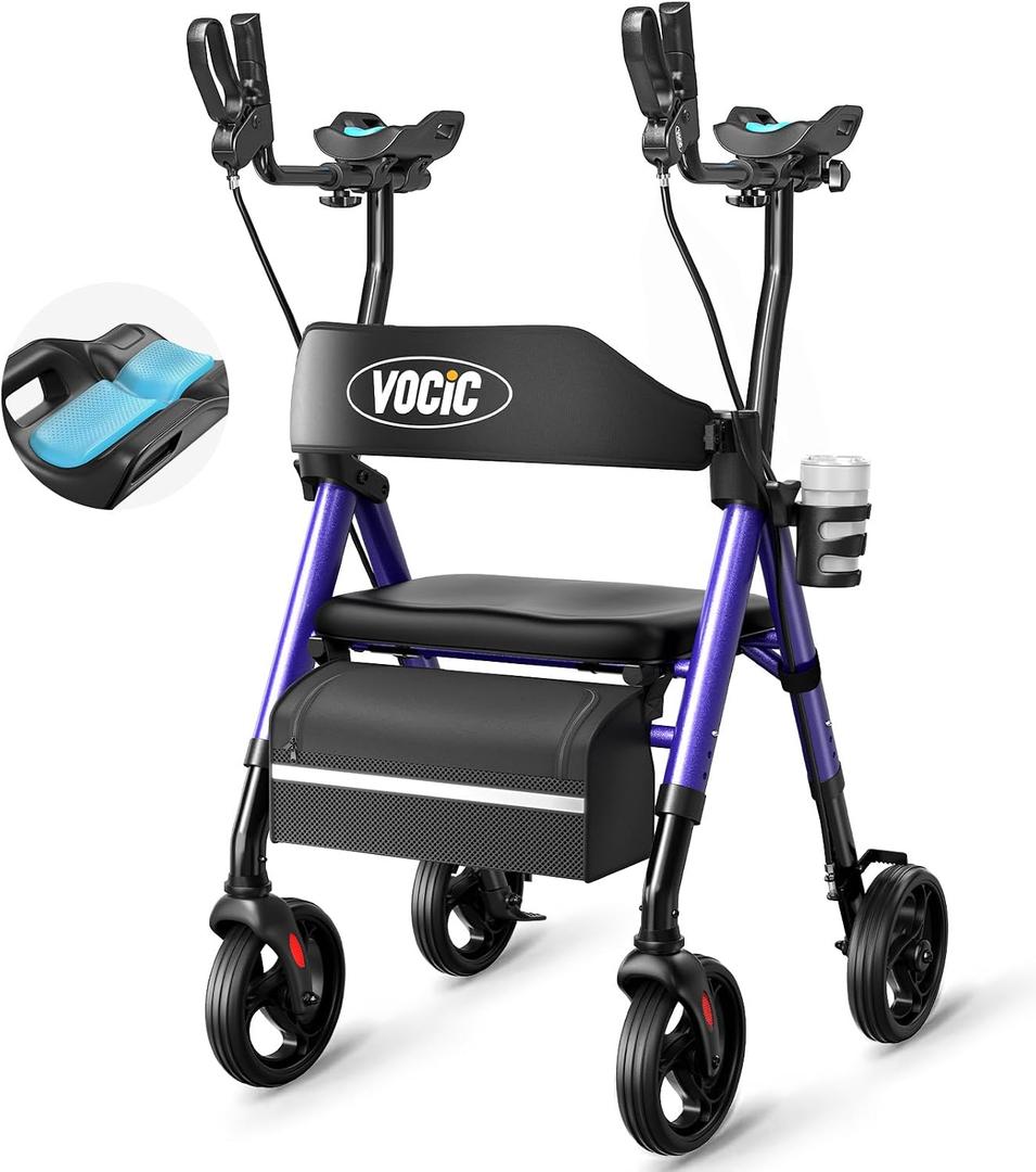 VOCIC Z22 Upright Walkers for Seniors with Seat, GelSoft Stand Up Walker
GelSoft Upright Walker with Adjustable Armrests&Cup Holder; 8" All-Terrain & Ergo Backrest Provide Comfort, 300 LBS, Purple