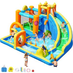 FINCOME Inflatable Bounce House with Water Slide, Kids Bouncy Castle with 480W Blower Slide Steeplechase Jumping Climbling Ring Toss Ball Hoop, Outdoor Indoor Bouncing House for Birthday Party Holiday
