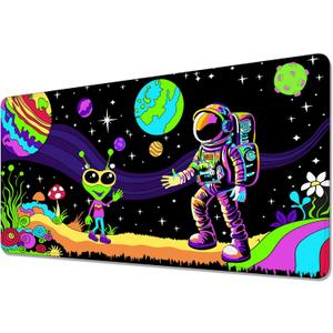 Astronaut and Alien Trippy Desk Mat,Large Gaming Mouse Pad,Non-Slip Rubber Base Mousepad with Stitched Edges,Waterproof Mouse Mat Desk Pad for Work, Game, Office (31.5x15.7 in)