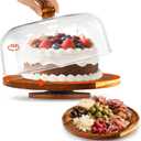 Rotating-Wood-Cake-Stand With Acrylic Dome Lid, Round Wooden Cake Holder Plate With Cover, 2-in-1 Dessert Table Display Set For Party, Charcuterie Board For Cheese, Chips & Dips, Nachos, Fruit Platter (Rustic Brown)