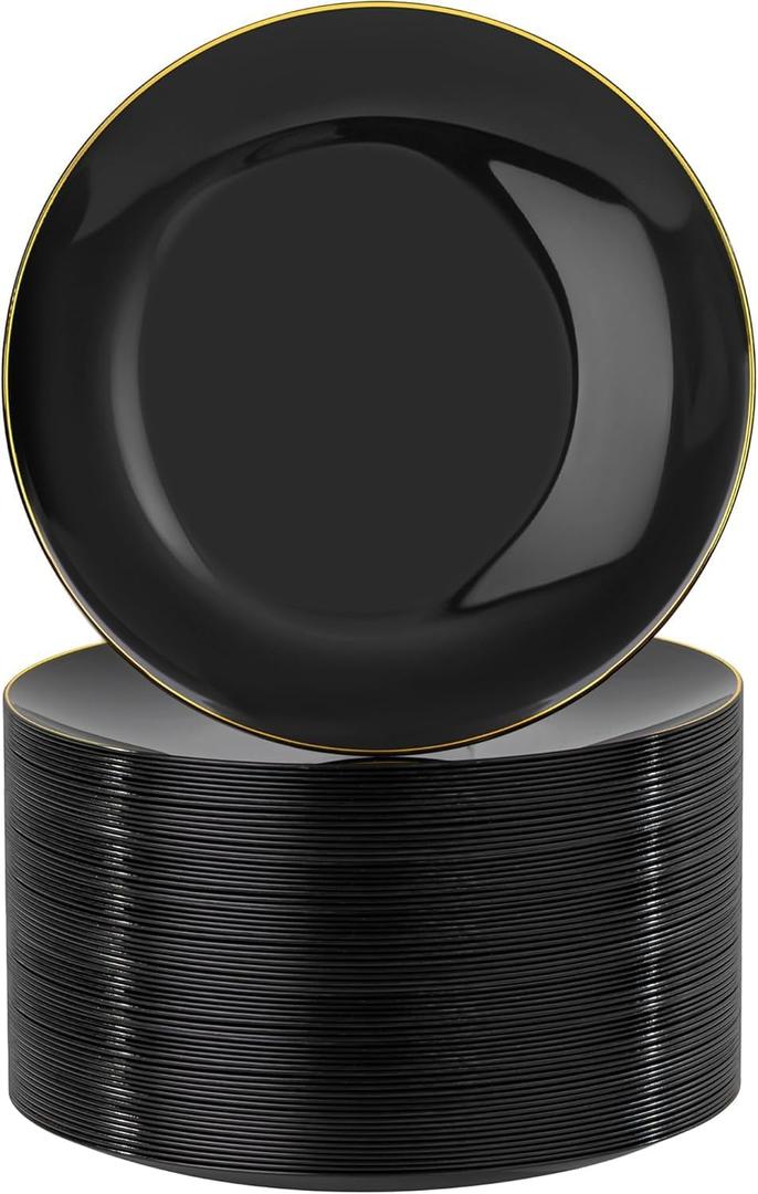 Nervure 100 Pieces Black Plastic Plates - 7.5inch Black Dessert Plates - Disposable Gold Plastic Plate - Disposable Plate Ideal for Wedding & Party