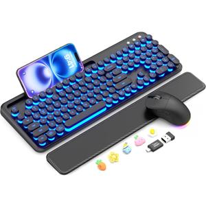Wireless Keyboard and Mouse Combo - Backlit Typewriter Keyboard with Magnetic Wrist Rest & Phone Holder, Light Up Round Keycaps, 2.4GHz Cordless Set for Mac, Windows, PC, Laptop, SABLUTE (Classic Black)