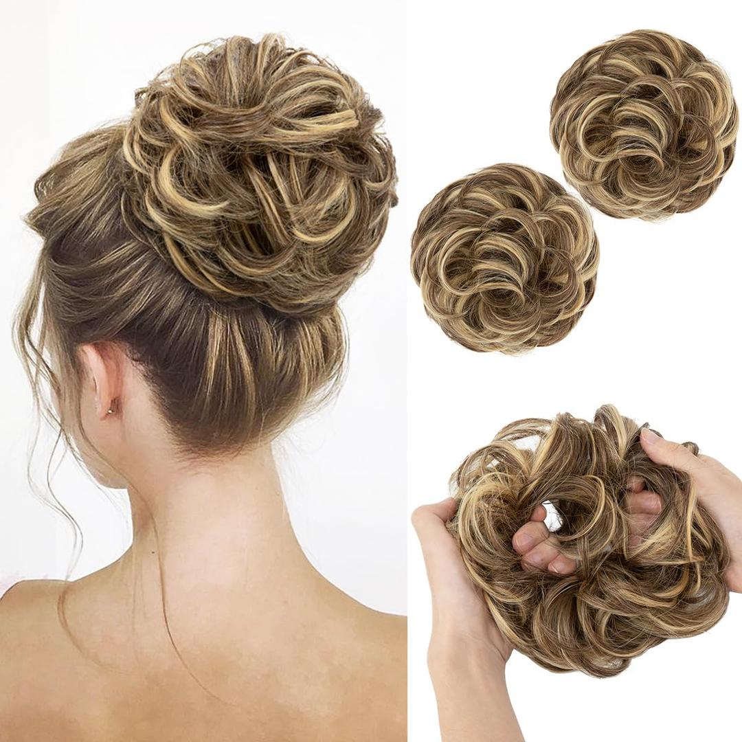 SARLA 2PCS Messy Hair Bun Hair Pieces Wavy Curly Synthetic Updo Fake Scrunchies Ponytail Extension for Women Bernstein Multi