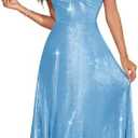 HomRain Women Sparkly Formal Party Dress V-Neck Short Sleeve Wedding Cocktail Long Evening Dress S