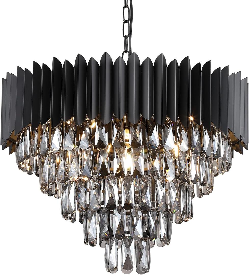 Black Crystal Chandeliers,Contemporary 24'' Modern Ceiling Lights Fixtures Flush Mount Pendant Light 12 Lights 5-Tiers K9 Large Hanging Lamp for Entryway Dinning Room Living Room Bedroom