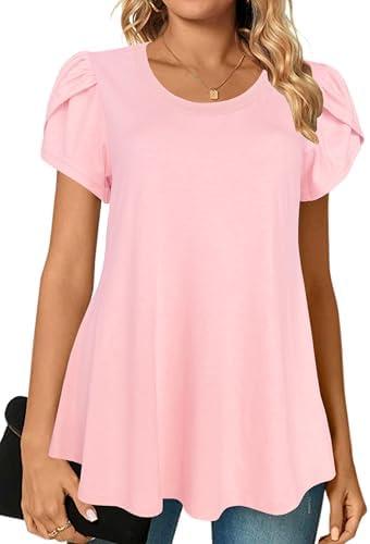 Afibi Womens Summer Crew Neck Loose Dressy Shirts Petal Short Sleeve Tunic Tops L