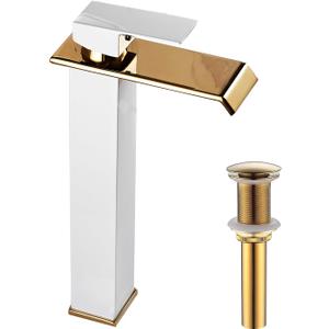 White Gold Faucet Bathroom Vessel Sink Golden Waterfall Spout Faucet Single Handle Bowl Sink Faucet Modern Single Hole Basin Vanity Tall Bathroom Sink Faucet with Pop Up Drain Stopper Supply Hose