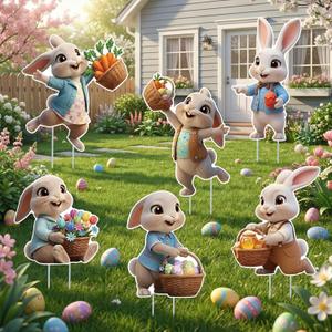 Easter Yard Signs with Stakes, 6 Pcs Outdoor Bunny Decorations, Waterproof Spring Lawn Decor for Yard, Porch, Patio, Egg Hunt Events