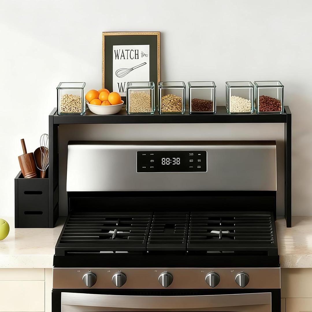 31-Inch Bamboo Stove Rack For Above The Hob, Kitchen Bamboo Spice Rack, Supports Up To 50 Pounds. Bamboo Stove Rack For Storing Spices And Kitchen Utensils (Black)