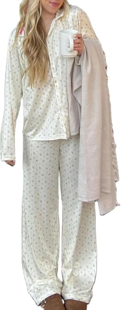 Seyurigaoka Women 2 Piece Floral Pajamas Lounge Set Y2K Long Sleeve Shirt Wide Leg Pants Sleepwear Pj Matching Sets (Medium, Beige)