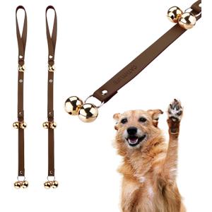 Leather Dog Doorbells for Door Knob, Adjustable Brass Potty Training Bells for Puppy to Go Outside, Easy Dog Door Bell for Potty Training (Dark Brown Leather Golden Bells - 2 Pack)