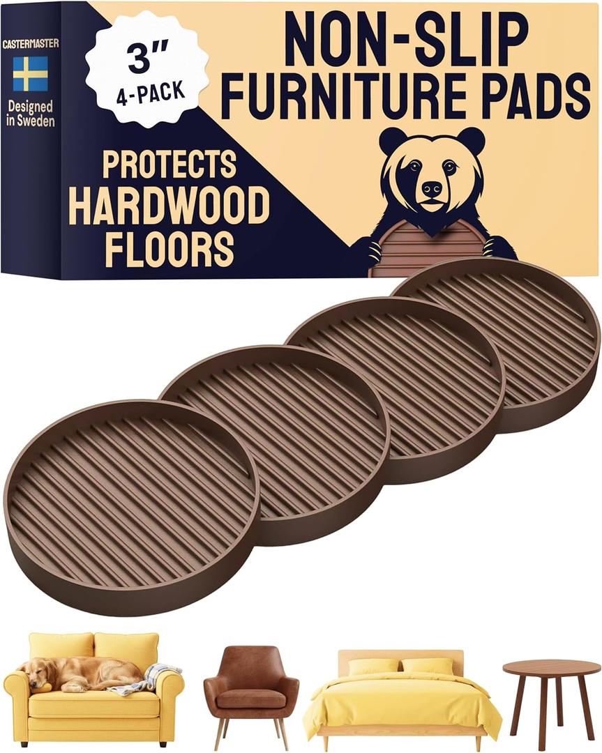 CasterMaster Non Slip Furniture Pads for Hardwood Floors - Circular (Brown, 3'' x 3'' - 4 Pack) - Round Furniture Cups & Chair Leg Floor Protectors for Scratch-Free Floors - Non Slip Caster Cups