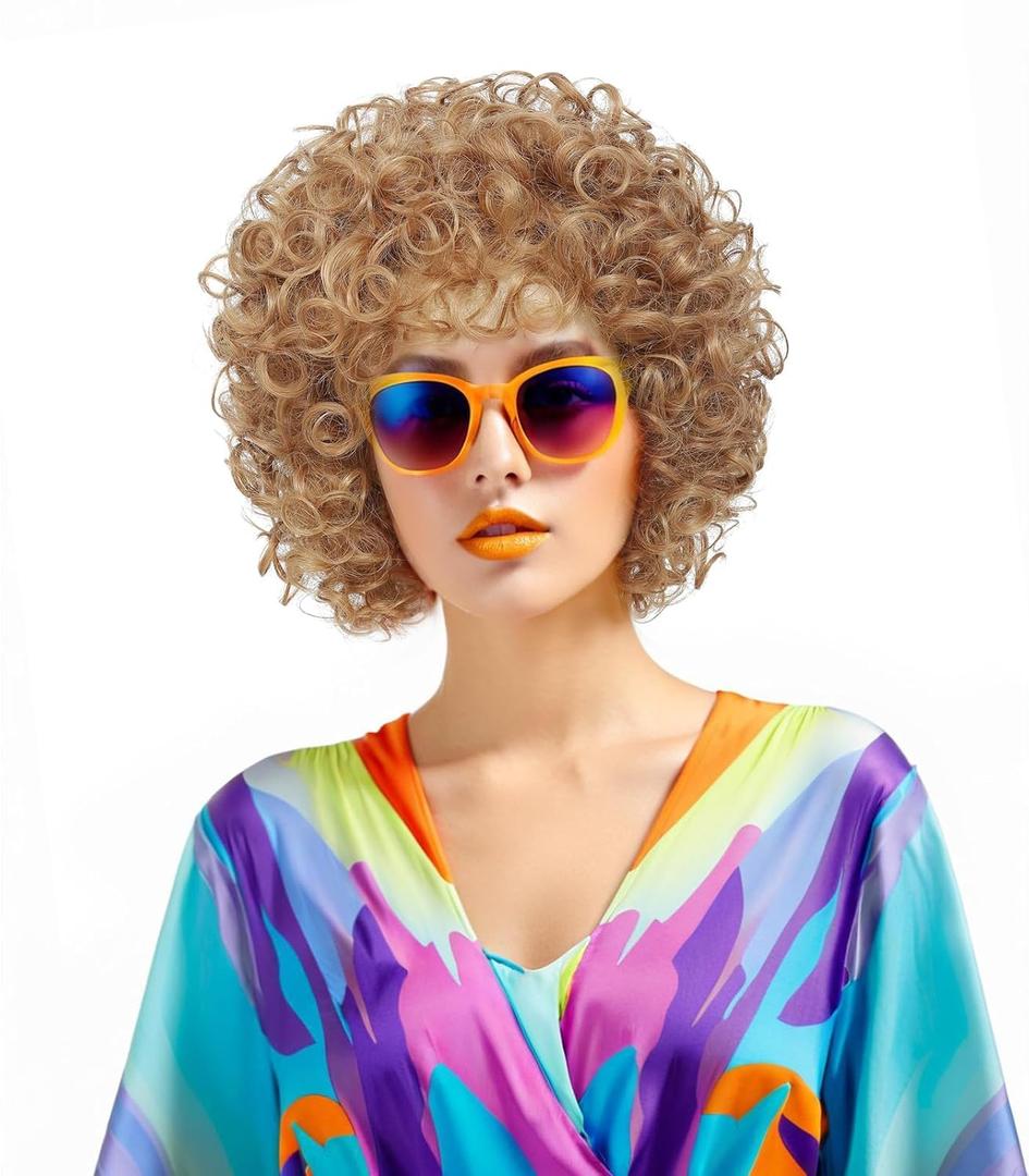 Women's short curly wig, 70s disco style afro wig, wig for Halloween cosplay and parties (Strawberry Blonde)