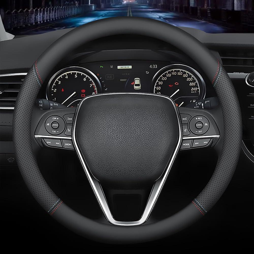 LKWLIKEI Nappa Premium Leather car Steering Wheel Cover, Non-Slip, Breathable, Universal 15 inches (red Blue line) (Black (red blue line))