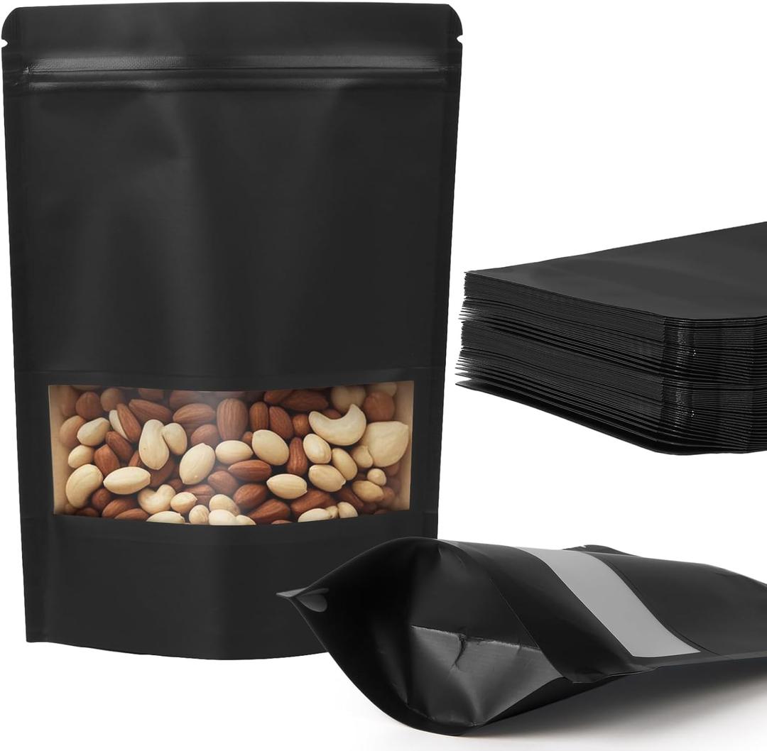 100 Pcs Black Kraft Paper Bags with Window, 3.5" x 5.5" Stand Up Pouches Bags, Food Storage Bags for Packaging Products, Reusable, Sealable