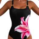 Herseas Women's Metal Ring Adjustable Wide Straps Wire Free Black One Piece Swimsuit Floral Print Tummy Control Slimming Bathing Suit Modest Cruise Essentials, Medium