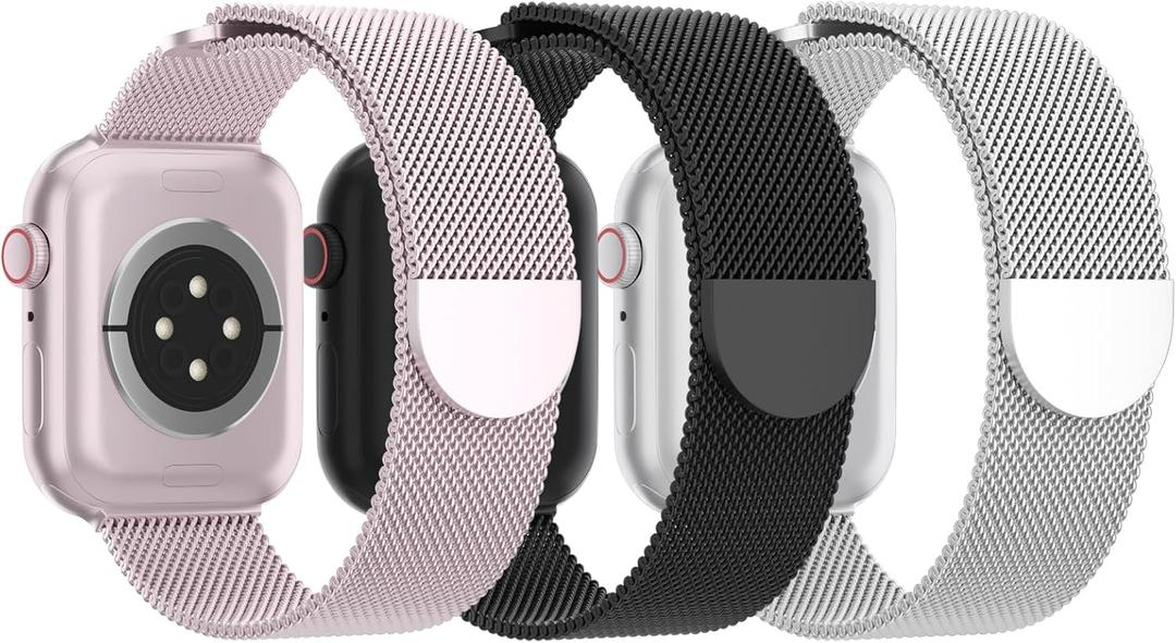 3 Pack Mesh Metal Band Compatible with Apple Watch Band 38mm 40mm 41mm, Stainless Steel Magnetic Loop Strap for iWatch Ultra 3 2 1 Series 11/10/9/8/SE/7/6/5/4/3 Men Women (J-Pink/Black/Silver)