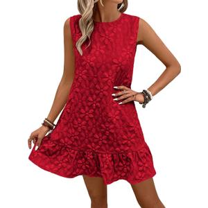 SOLY HUX Women's Ruffle Hem Sleeveless Tank Dress Round Neck Casual Jacquard Hem Smock Summer Mini Dresses (Red, S)