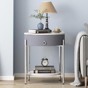 OIOG Round Side Table with Drawer, Modern Nightstand with Shelf and Chrome Finish Metal Legs, 2 Tier End Table for Living Room, Bedroom, Office, Marbling Natural Stone/Silver, 21.26 inches x 21.26 inches x 23.66 inches