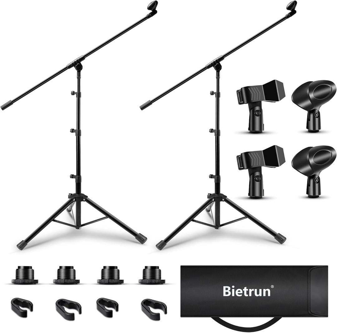 Microphone Stand Pack of 2, Bietrun Tripod Mic Stand Adjustable Boom Height, with Carry Bag & Mic Clips, Detachable Boom Mic Stand for Singing Performance Wedding Stage Church