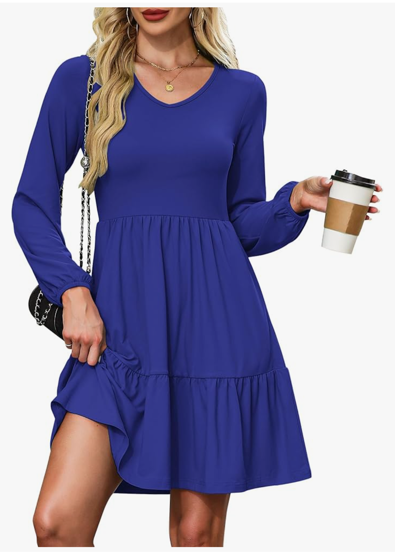ANRABESS Long Sleeve Midi Dresses for Women Casual 2026 Spring Crewneck A Line Tiered Flowy Loose Trendy Dresses with Pockets Blue L