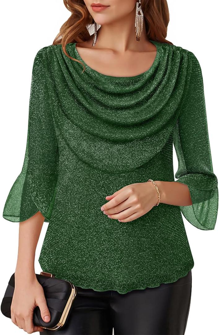 Lotusmile Blouses for Women Dressy Casual 3/4 Sleeve Cowl Neck Sparkly Tops Cocktail Shirts for Evening Party (Large, Green)