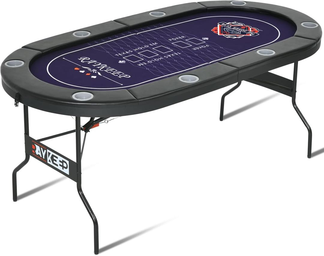 RAYKEEP 71 Inch Poker Table Foldable, 8 Player Folding Poker Tables w/Collapsible Legs, Casino Grade Felt, Padded Rails and Cup Holders, Portable Poker Table for Texas Holdem Poker and Blackjack