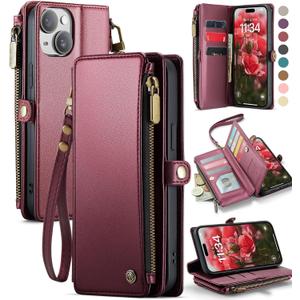 Defencase Compatible with iPhone 15 Plus Case Wallet with RFID Blocking Card Holder for Women Men, PU Leather Magnetic Snap Flip Zipper Strap Wallet Phone Case Fit for iPhone 15 Plus 6.7", Wine Red