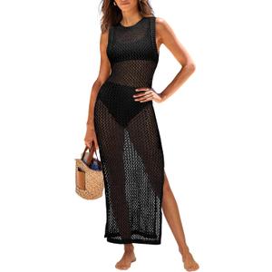 ANRABESS Womens Swimsuit Cover Up Sleeveless Hollow Knit Bikini Swimwear Bathing Suit Coverup Crochet Beach Dress (Small, Black)