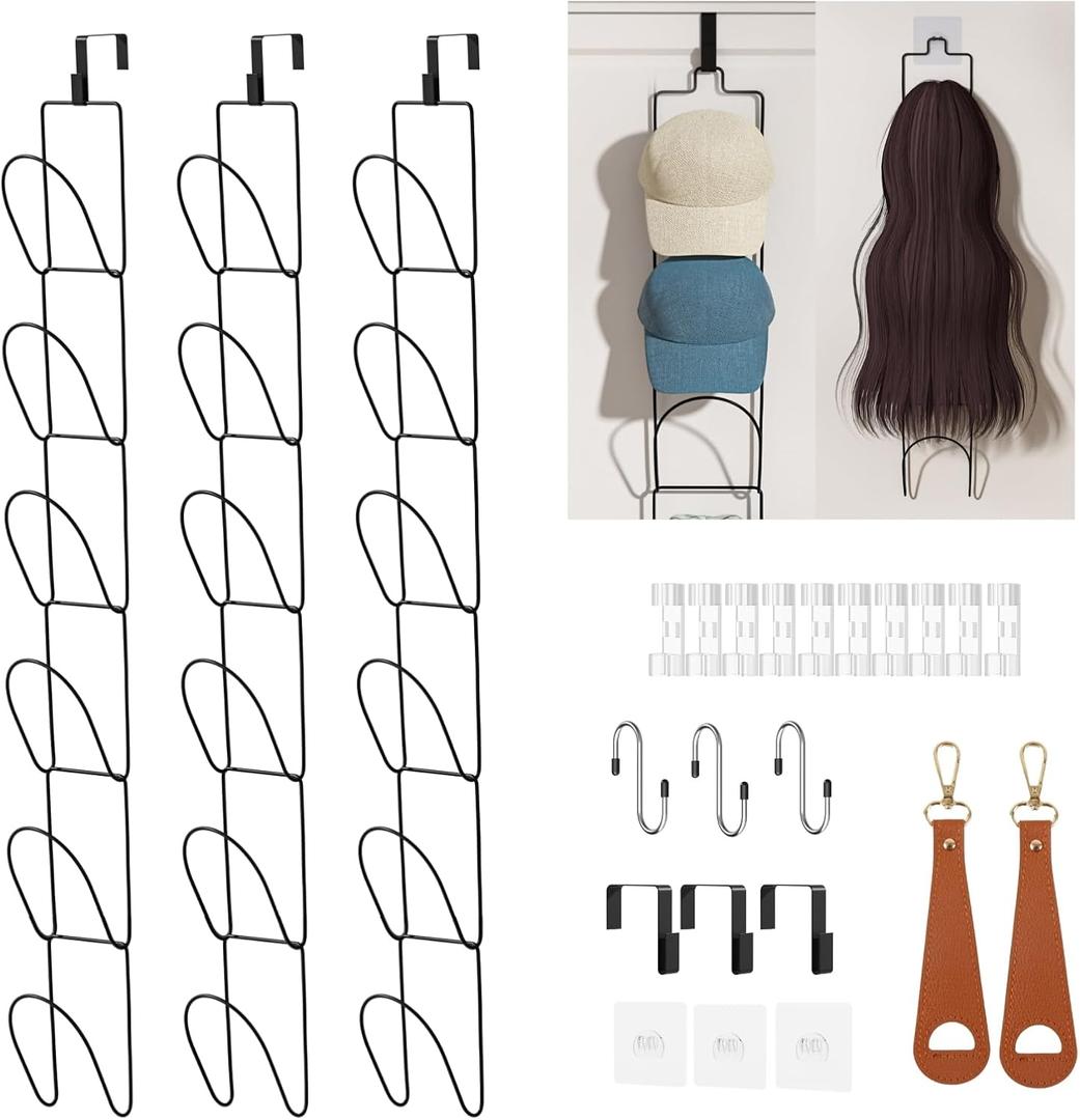 18 Pack Over The Door Hat Organizer for baseball caps | Multi-Functional Baseball Hat Rack for Closet | Wall Mounted Hat s torage organizer | 5 types of accessories cap holder stand w hooks ,Black (Trapezoidal Ring)