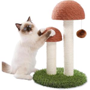 PETEPELA Cat Scratching Post, Mushroom Tall Cat Scratcher Featuring with Natural Sisal Scratching Poles and Interactive Toy Ball for Kittens and Small Cats (Brown) (18.9")