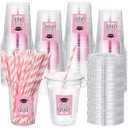 Sliner 50 Set 2026 Graduation Plastic Cup Disposable with Lid and Paper Straw 16 oz Clear Drinking Cup for College High School Grad Party Supplies Decoration Festivities(Pink)