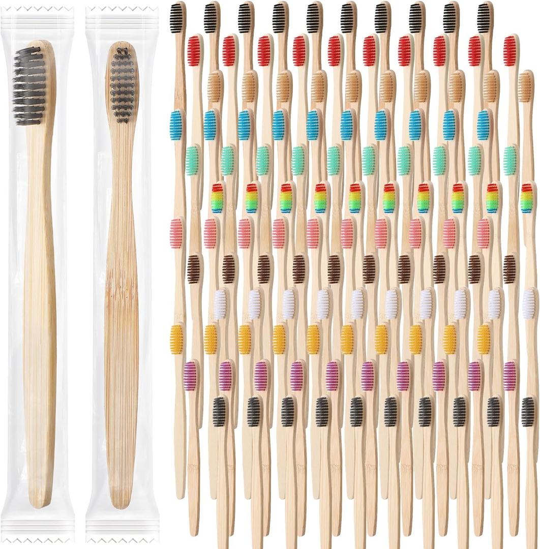 Sieral 120 Pcs Bamboo Toothbrushes Bulk, Soft Bristle Toothbrush for Adults, Natural Wooden Toothbrushes, Vegan Organic Bamboo Travel Tooth Brush, Individually Wrapped for Homeless, 7 Inch 12 Color