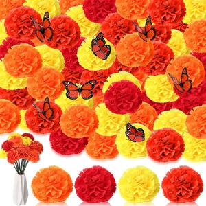 Yilloog 120 Pieces Artificial Marigold Bunch 100 Pcs Faux Marigold Flowers with Stems Halloween Flowers Fiesta 20 Pcs Monarch Butterfly for Cinco De Mayo Party Decor (Vibrant Colors)
