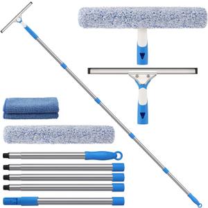 6.5 Feet Window Cleaning Kit with Extension Poles, Window Cleaner Tool with 14 Silicone Squeegee, 14 Microfiber Scrubber & Cloth, Window Washing Equipment for Indoor/Outdoor Windows
