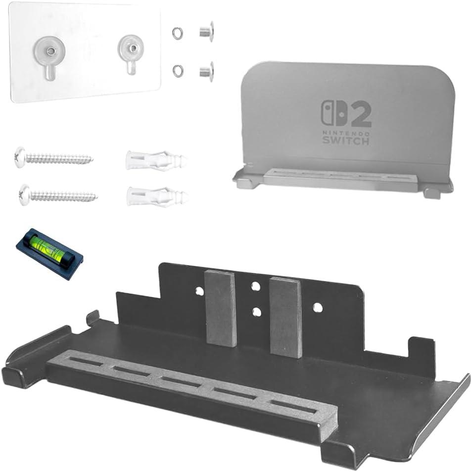 Wall Mount Bracket for Nintendo Switch 2/Switch OLED(Drill Free,Heavy Duty Sticker Installation,Sturdy Metal,5 Game Cards Holder,2 Joy-con Hanger,Easy Install Behind TV,Black)