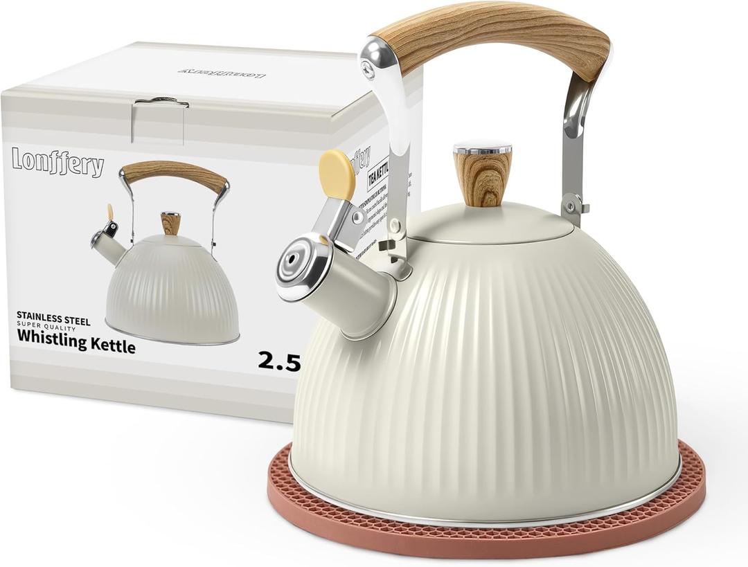 LONFFERY Tea Kettle for Stove Top, 2.5 Quart Whistling Tea Kettle, Stainless Steel and Wood Pattern Folding Handle, Creamy White