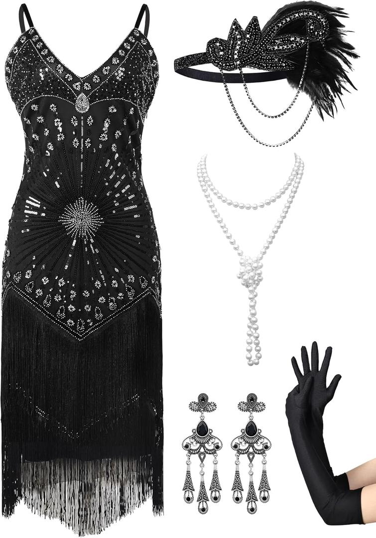 Women's Flapper Dresses 1920s,Great Gatsby Dresses Sequin Fringe Cocktail Dress Roaring 20s Dress for Harlem (X-Large)